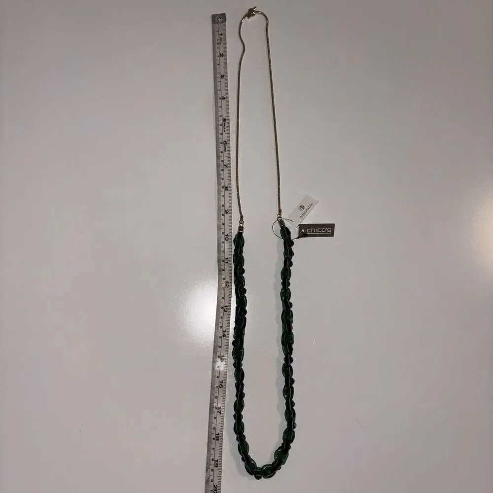 Chicos Green Velvet Ribbon & Gemstone Adjustable Necklace New Gold Tone Hardware